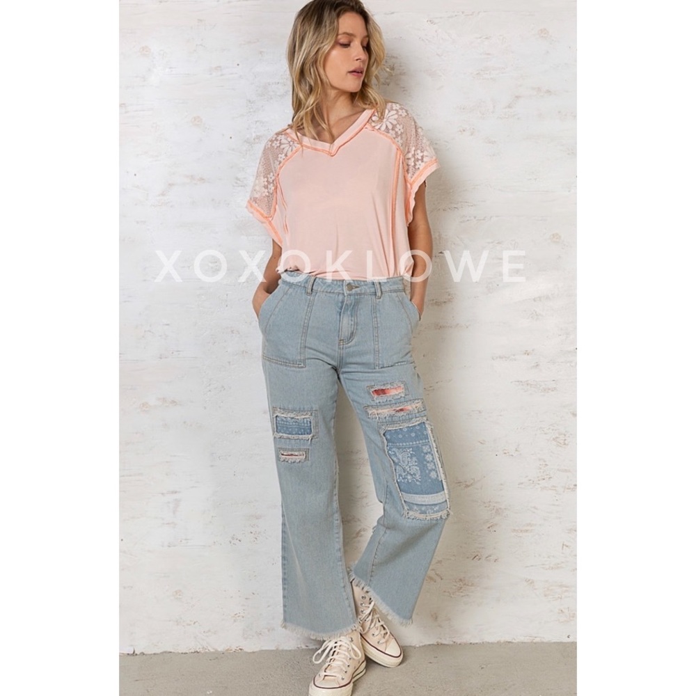 POL Pink Peach Rayon Jersey + Floral Lace Short Sleeve Top Oversized - Picture 12 of 16